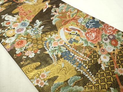 平和屋本店▼六通柄袋帯　唐織　壺仟貮佰　黒地　本金箔二重　正絹　逸品　DABI4716sf