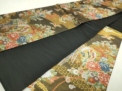 平和屋本店▼六通柄袋帯　唐織　壺仟貮佰　黒地　本金箔二重　正絹　逸品　DABI4716sf