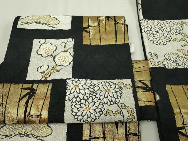 平和屋本店▼つけ帯　泥染つむぎ　みもすそ織　日本繭　黒地　本金プラチナ箔　正絹　逸品　DABI4722sf