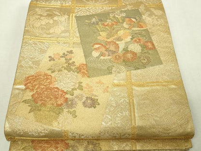 平和屋本店▼六通柄袋帯　色紙飛鶴花文　本金箔　正絹　逸品　DABI4723sf
