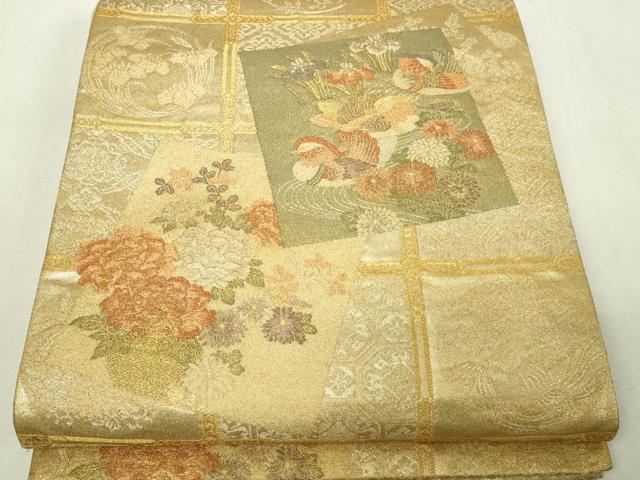 平和屋本店▼六通柄袋帯　色紙飛鶴花文　本金箔　正絹　逸品　DABI4723sf