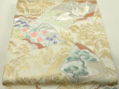 平和屋本店▼六通柄袋帯　唐織　扇面取鶴草花文　純金箔24Ｋ　正絹　逸品　DABI4735sf