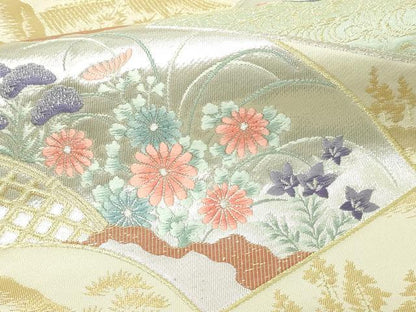 平和屋本店▼六通柄袋帯　唐織　扇面取鶴草花文　純金箔24Ｋ　正絹　逸品　DABI4735sf