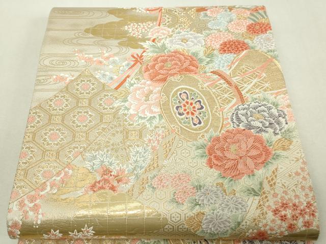 平和屋本店▼六通柄袋帯　唐織　几帳花鼓文　九百本金箔　正絹　逸品　DABI4741sf