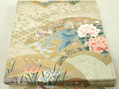 平和屋本店▼六通柄袋帯　唐織　琳派扇面孔雀文　九百本金箔　正絹　逸品　DABI4742sf