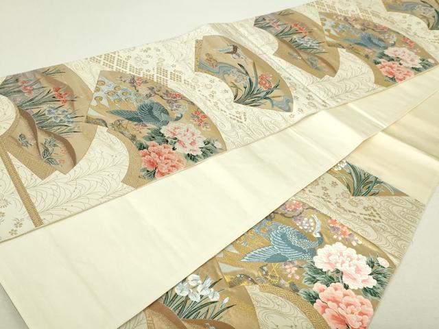 平和屋本店▼六通柄袋帯　唐織　琳派扇面孔雀文　九百本金箔　正絹　逸品　DABI4742sf
