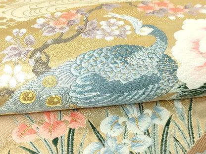 平和屋本店▼六通柄袋帯　唐織　琳派扇面孔雀文　九百本金箔　正絹　逸品　DABI4742sf