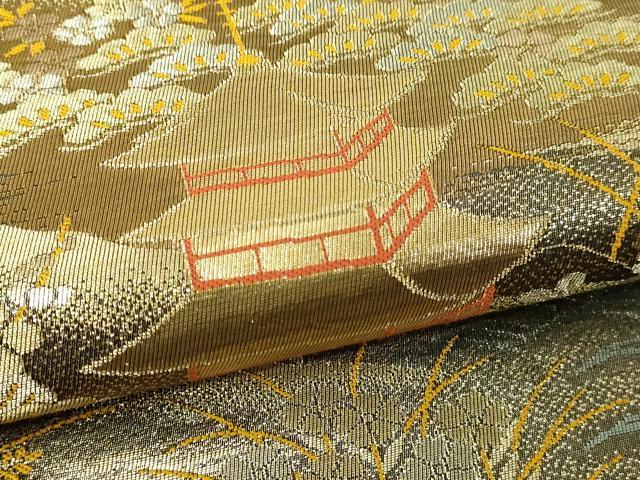 平和屋本店▼西陣　尾島産業謹製　六通柄袋帯　五重塔　本金箔二重引箔　正絹　逸品　DABI4744sf
