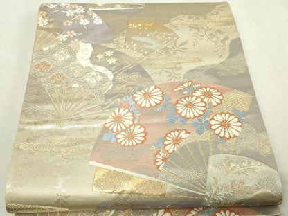 平和屋本店▼六通柄袋帯　扇面花文　純銀　純金箔　正絹　逸品　DABI4751sf