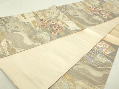 平和屋本店▼六通柄袋帯　扇面花文　純銀　純金箔　正絹　逸品　DABI4751sf