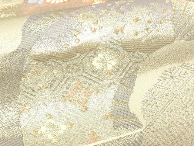 平和屋本店▼六通柄袋帯　扇面花文　純銀　純金箔　正絹　逸品　DABI4751sf