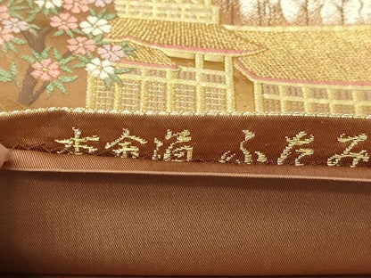 平和屋本店▼六通柄袋帯　ふたみ　風景草花文　本金箔　正絹　逸品　DABI4755sf