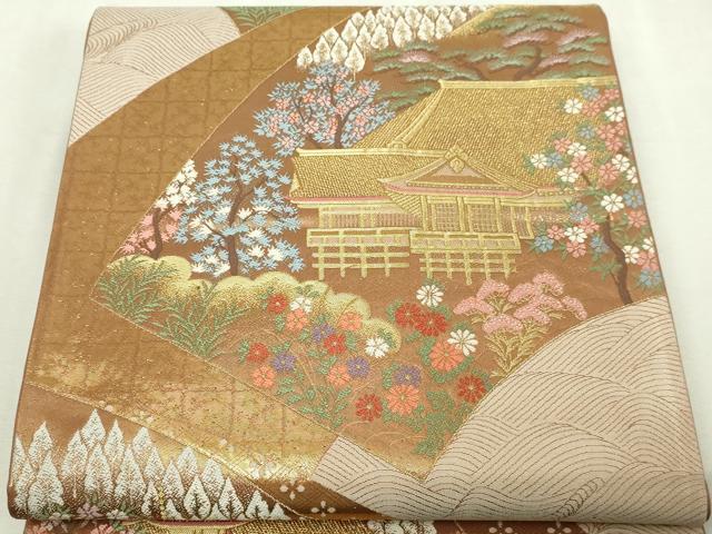 平和屋本店▼六通柄袋帯　ふたみ　風景草花文　本金箔　正絹　逸品　DABI4755sf