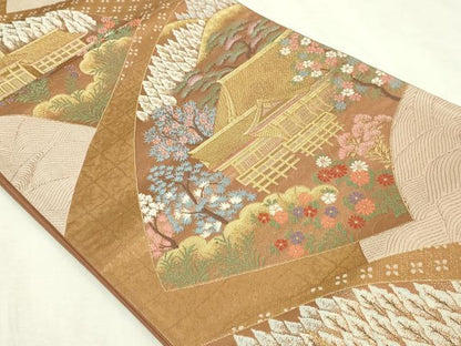 平和屋本店▼六通柄袋帯　ふたみ　風景草花文　本金箔　正絹　逸品　DABI4755sf