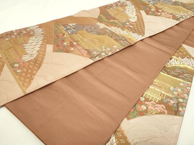 平和屋本店▼六通柄袋帯　ふたみ　風景草花文　本金箔　正絹　逸品　DABI4755sf