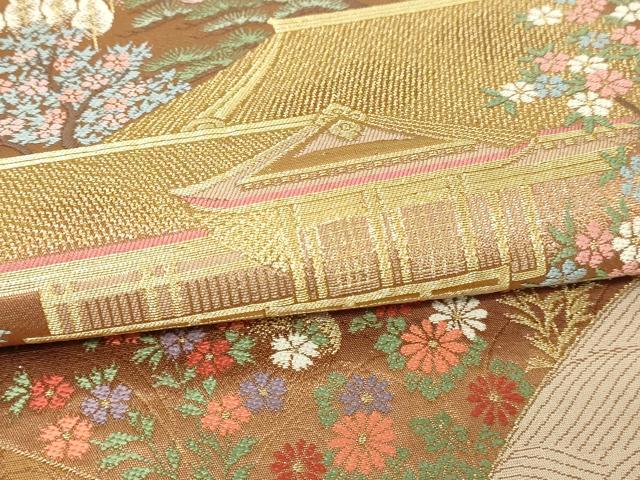 平和屋本店▼六通柄袋帯　ふたみ　風景草花文　本金箔　正絹　逸品　DABI4755sf
