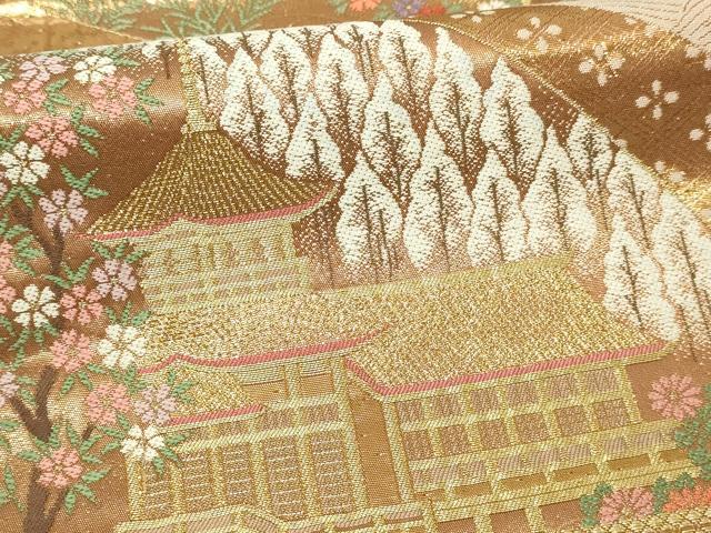 平和屋本店▼六通柄袋帯　ふたみ　風景草花文　本金箔　正絹　逸品　DABI4755sf