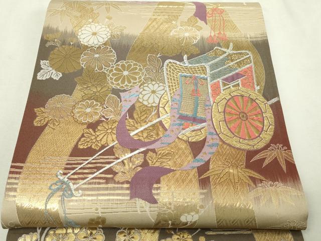 平和屋本店▼六通柄袋帯　御所車文　純金箔24Ｋ　正絹　逸品　DABI4758sf