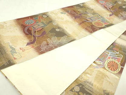 平和屋本店▼六通柄袋帯　御所車文　純金箔24Ｋ　正絹　逸品　DABI4758sf