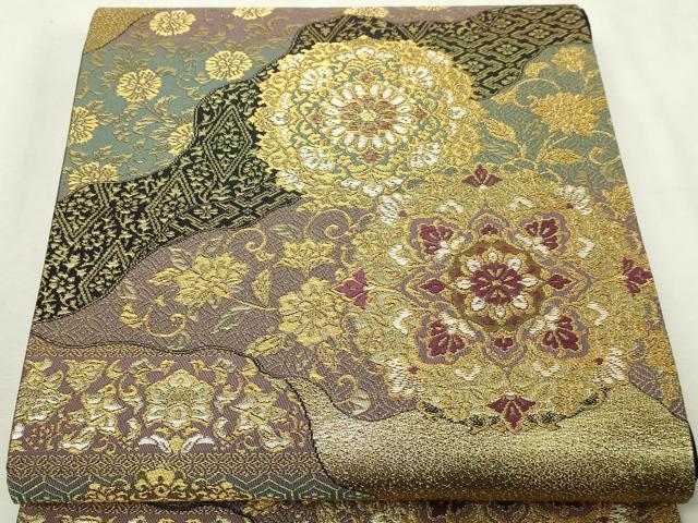 平和屋本店▼六通柄袋帯　正倉院花唐草文　黒地　24ｋ二重箔　正絹　逸品　DABI4765sf