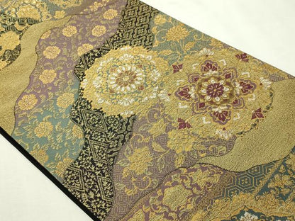 平和屋本店▼六通柄袋帯　正倉院花唐草文　黒地　24ｋ二重箔　正絹　逸品　DABI4765sf
