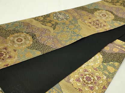 平和屋本店▼六通柄袋帯　正倉院花唐草文　黒地　24ｋ二重箔　正絹　逸品　DABI4765sf