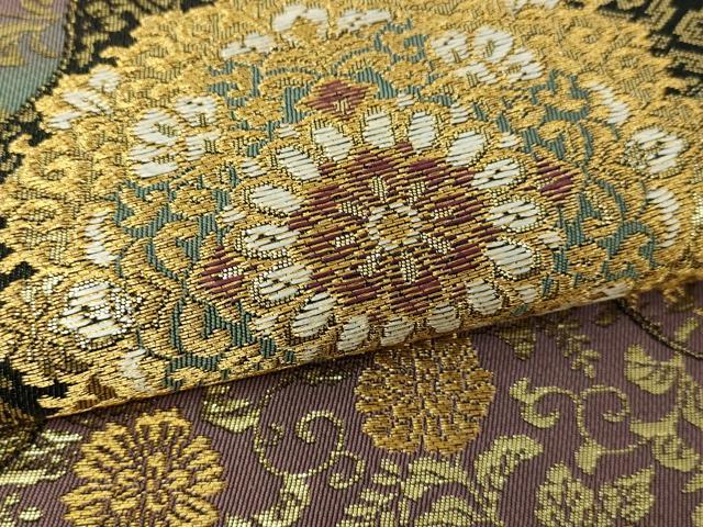 平和屋本店▼六通柄袋帯　正倉院花唐草文　黒地　24ｋ二重箔　正絹　逸品　DABI4765sf
