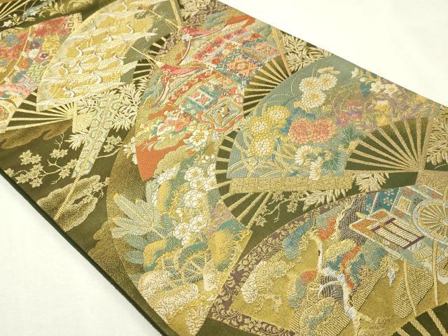 平和屋本店▼六通柄袋帯　琳派瑞祥錦　扇面飛鶴文　本金箔つづれ　正絹　逸品　DABI4770sf