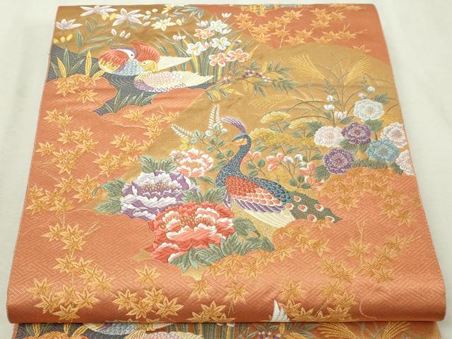 平和屋本店▼六通柄袋帯　唐織　遠山花鳥　本金箔　正絹　逸品　DABI4772sf