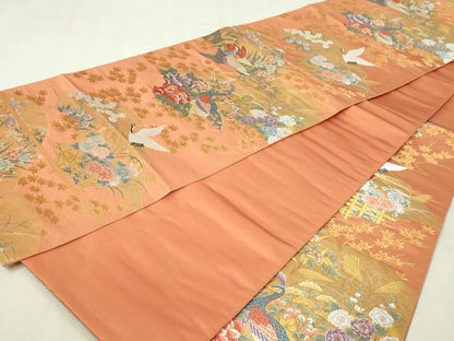 平和屋本店▼六通柄袋帯　唐織　遠山花鳥　本金箔　正絹　逸品　DABI4772sf