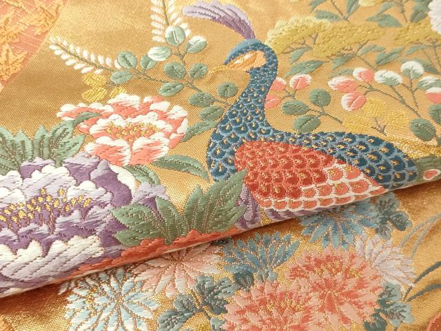 平和屋本店▼六通柄袋帯　唐織　遠山花鳥　本金箔　正絹　逸品　DABI4772sf
