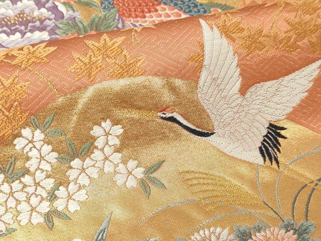 平和屋本店▼六通柄袋帯　唐織　遠山花鳥　本金箔　正絹　逸品　DABI4772sf