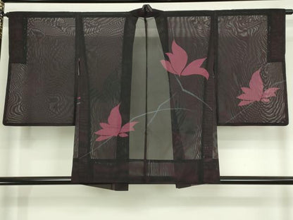 平和屋着物▽羽織　スリーシーズン　春夏秋　塵除け　枝葉文　黒地　正絹　逸品　DABI4773sf