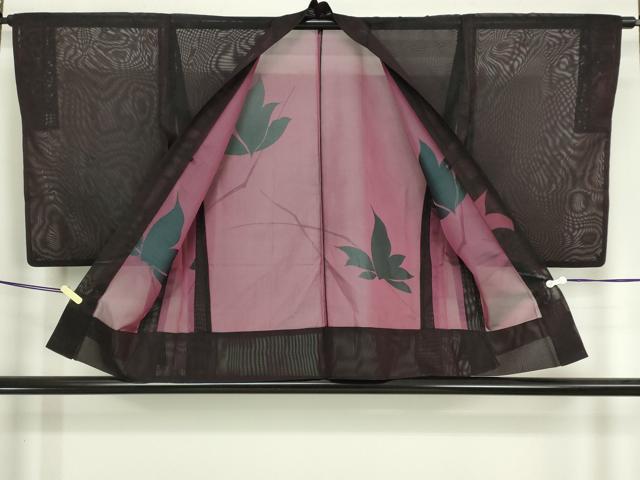 平和屋着物▽羽織　スリーシーズン　春夏秋　塵除け　枝葉文　黒地　正絹　逸品　DABI4773sf