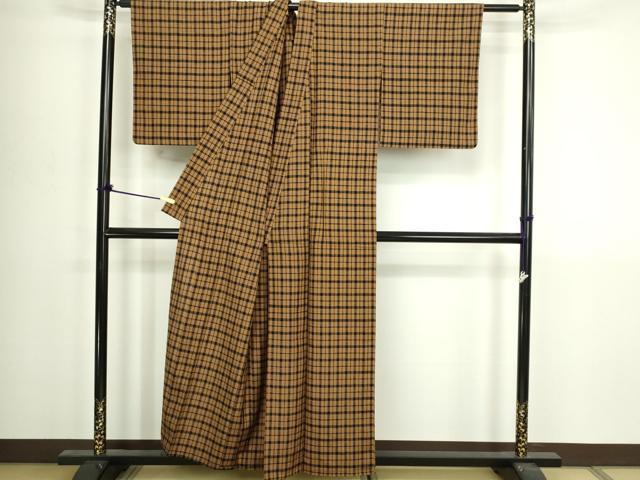 平和屋着物▽上質な紬　単衣　格子　正絹　逸品　DABI4777sf