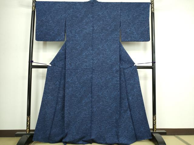 平和屋着物▽上質な小紋　単衣　藍　型染め　草花文　正絹　逸品　DABI4783sf