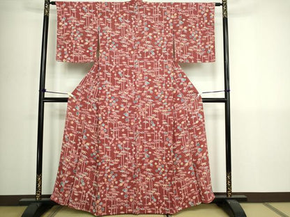 平和屋着物▽上質な小紋　単衣　型染め　笹竹文　鬼しぼ縮緬　正絹　逸品　DABI4792sf