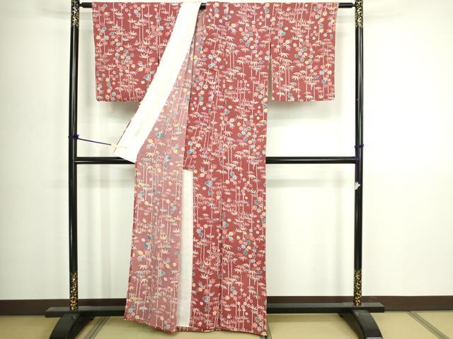 平和屋着物▽上質な小紋　単衣　型染め　笹竹文　鬼しぼ縮緬　正絹　逸品　DABI4792sf