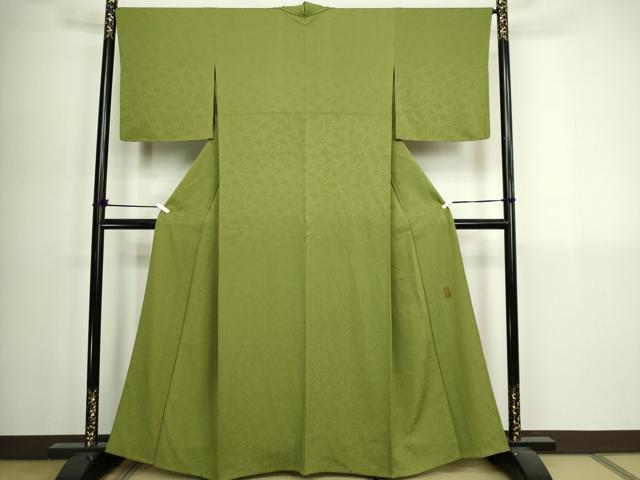 平和屋着物▽ 中村玉緒　色無地　単衣　唐草地紋　草色　正絹　逸品　DABI4799sf