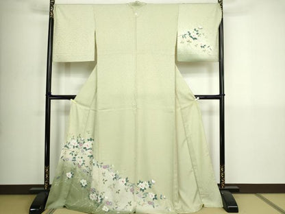 平和屋着物▽訪問着　単衣　友禅　枝花文　暈し染め　ロング丈　正絹　逸品　DABI4800sf