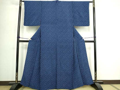 平和屋着物▽上質な小紋　単衣　藍　型染め　枝花文　鬼しぼ縮緬　正絹　逸品　DABI4801sf