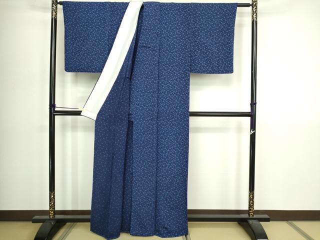 平和屋着物▽上質な小紋　単衣　藍　型染め　枝花文　鬼しぼ縮緬　正絹　逸品　DABI4801sf