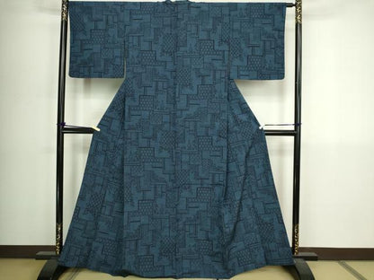 平和屋着物▽上質な紬　単衣　幾何学花文　正絹　逸品　DABI4804sf