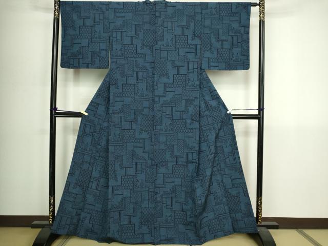 平和屋着物▽上質な紬　単衣　幾何学花文　正絹　逸品　DABI4804sf