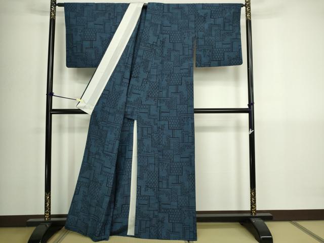 平和屋着物▽上質な紬　単衣　幾何学花文　正絹　逸品　DABI4804sf