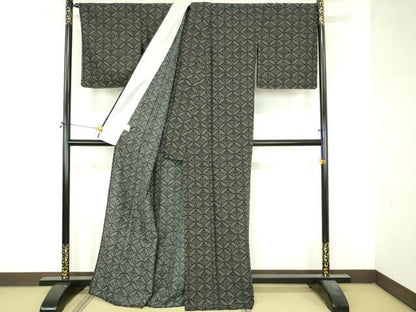 平和屋着物▽小紋　単衣　七宝花文　黒地　洗える着物　未使用　DABI4812sf