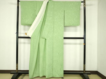 平和屋着物▽上質な色無地　単衣　流水地紋　若葉色　正絹　逸品　DABI4814sf