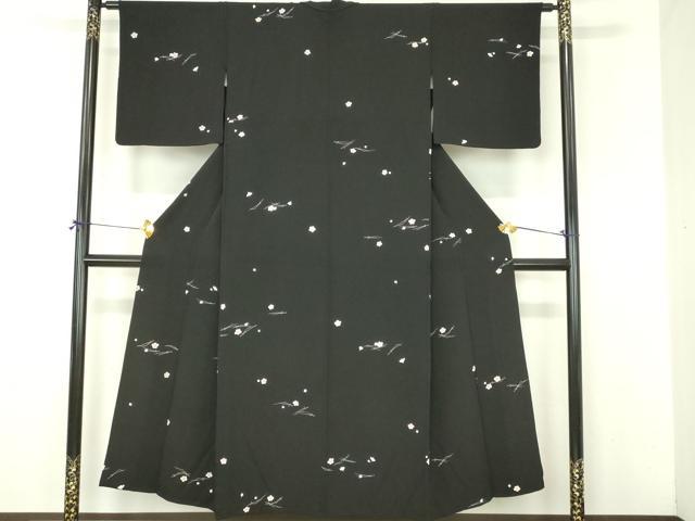 平和屋着物▽上質な小紋　単衣　枝梅文　黒地　鬼しぼ縮緬　正絹　逸品　DABI4816sf