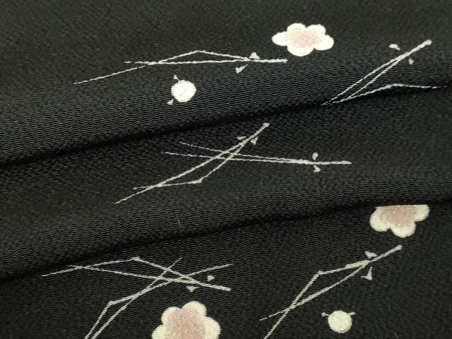 平和屋着物▽上質な小紋　単衣　枝梅文　黒地　鬼しぼ縮緬　正絹　逸品　DABI4816sf