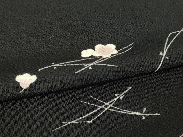 平和屋着物▽上質な小紋　単衣　枝梅文　黒地　鬼しぼ縮緬　正絹　逸品　DABI4816sf